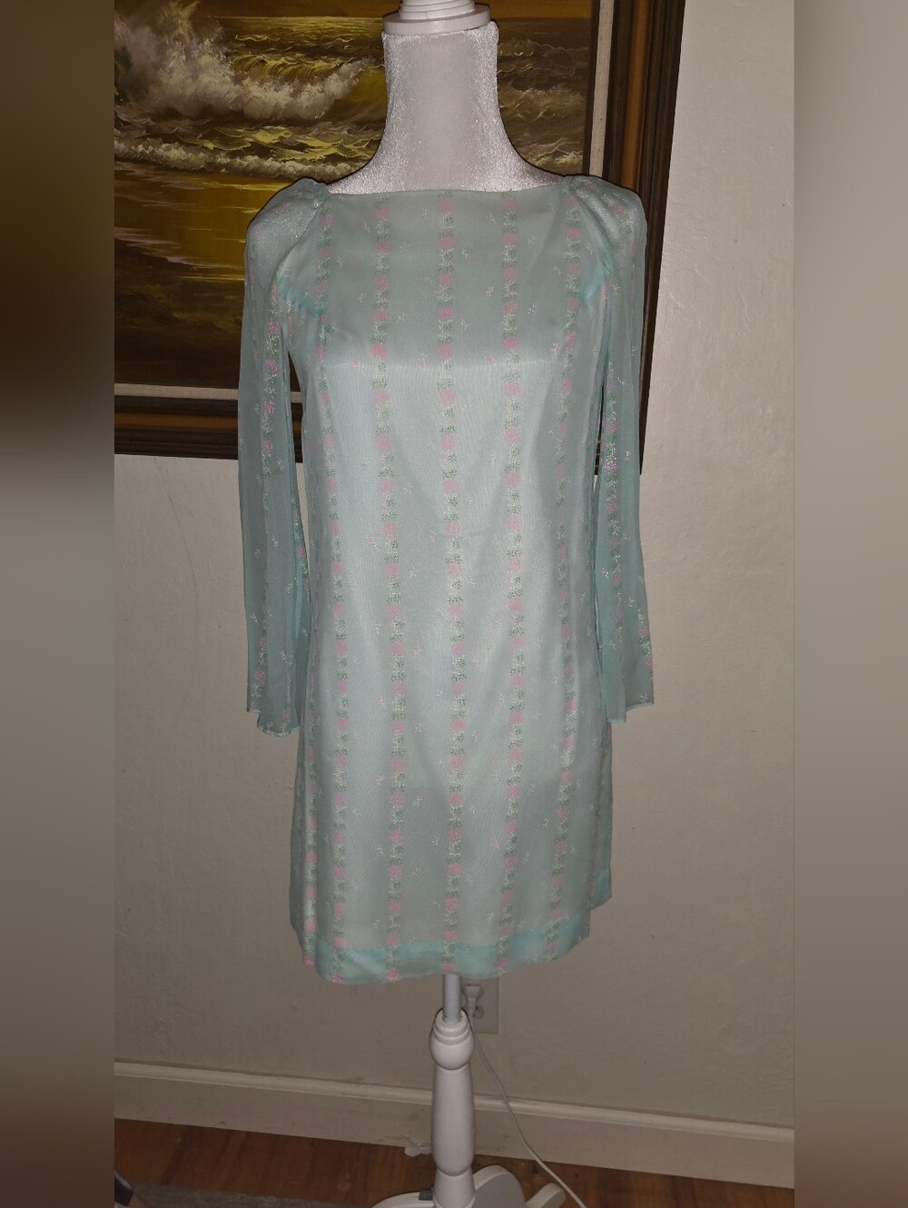 Vintage Melo Of California 1960s Blue Floral Stripe Long-Sleeve Mod Shift Dress